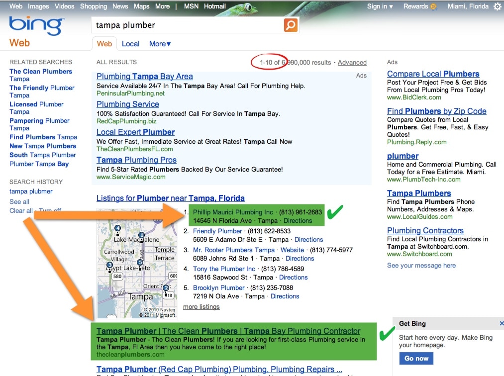 Tampa Plumber - Page One Spot 1 on Map and Organic